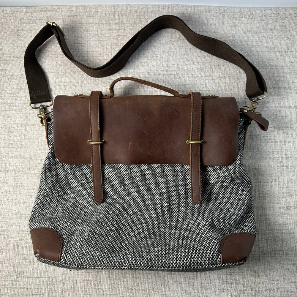 Jesslyn Blake Wool Blend Leather Messenger Bag Crossbody Satchel Brown Gray